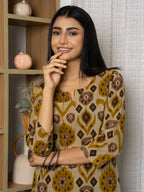 Beige Colour Cotton Round With V-Neck Abstract Print Kurta For Women's