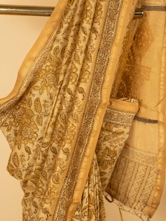 Yellow Chanderi Block Printed Saree