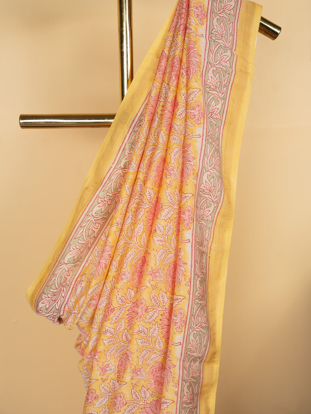 Light Yellow Chanderi Block Print Saree