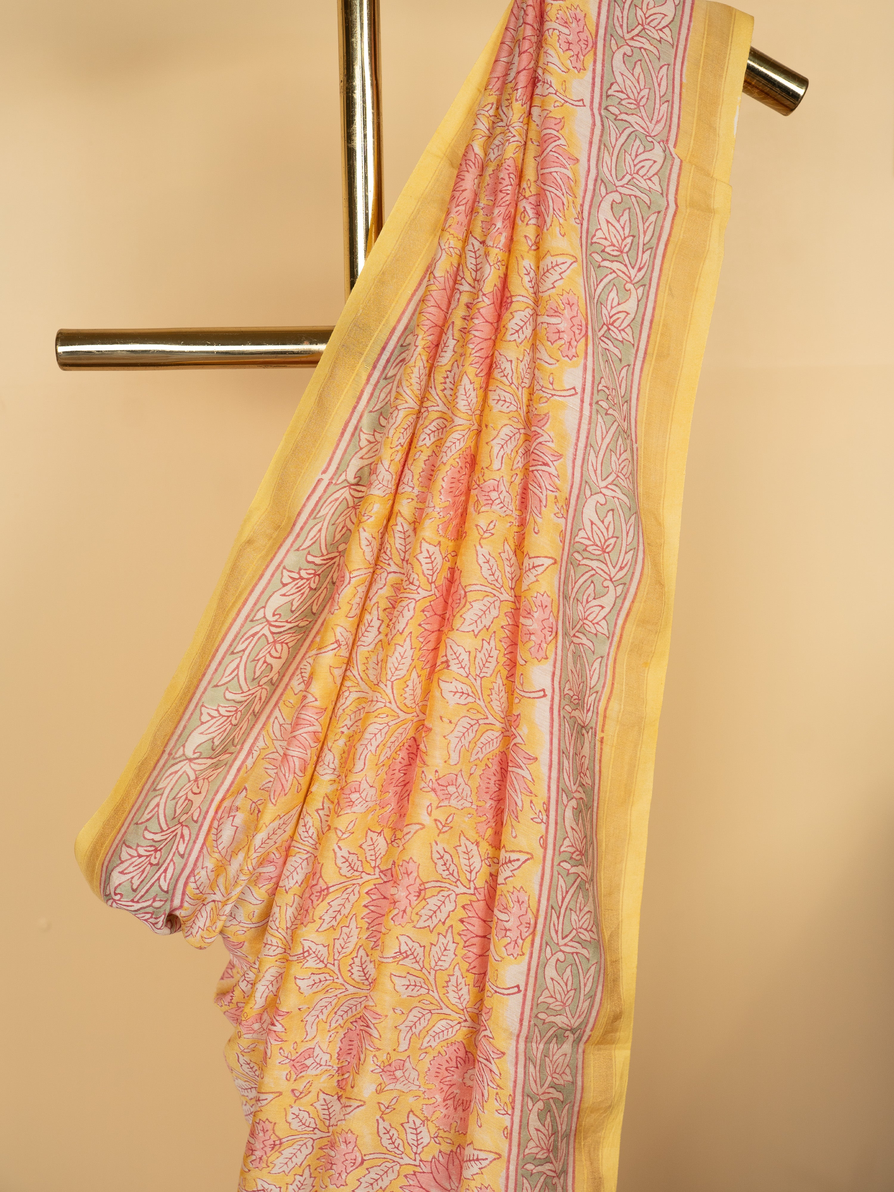 Light Yellow Chanderi Block Print Saree