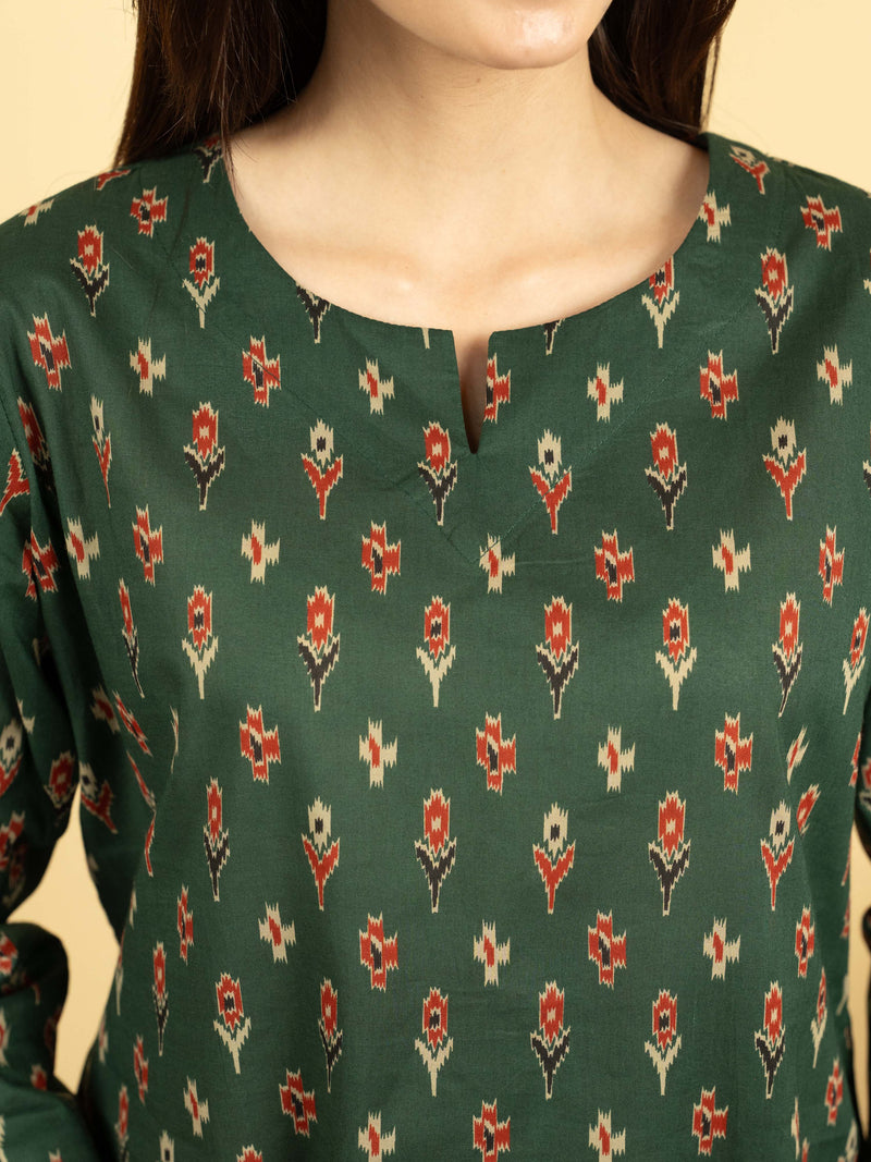 Green Cotton Round With V Neck Booti Print Lounge Wear