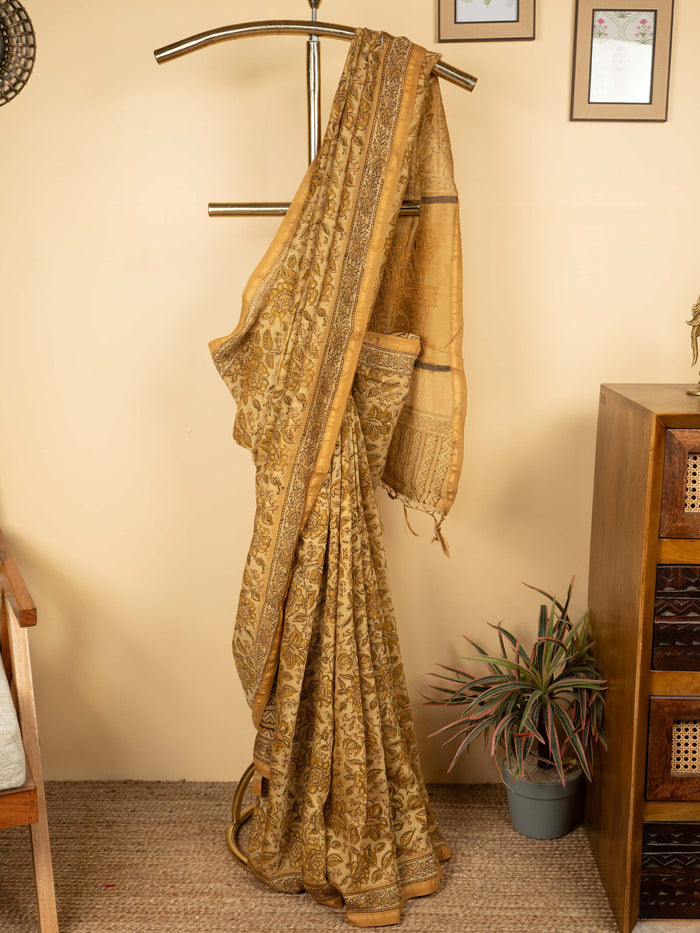 Yellow Chanderi Block Printed Saree