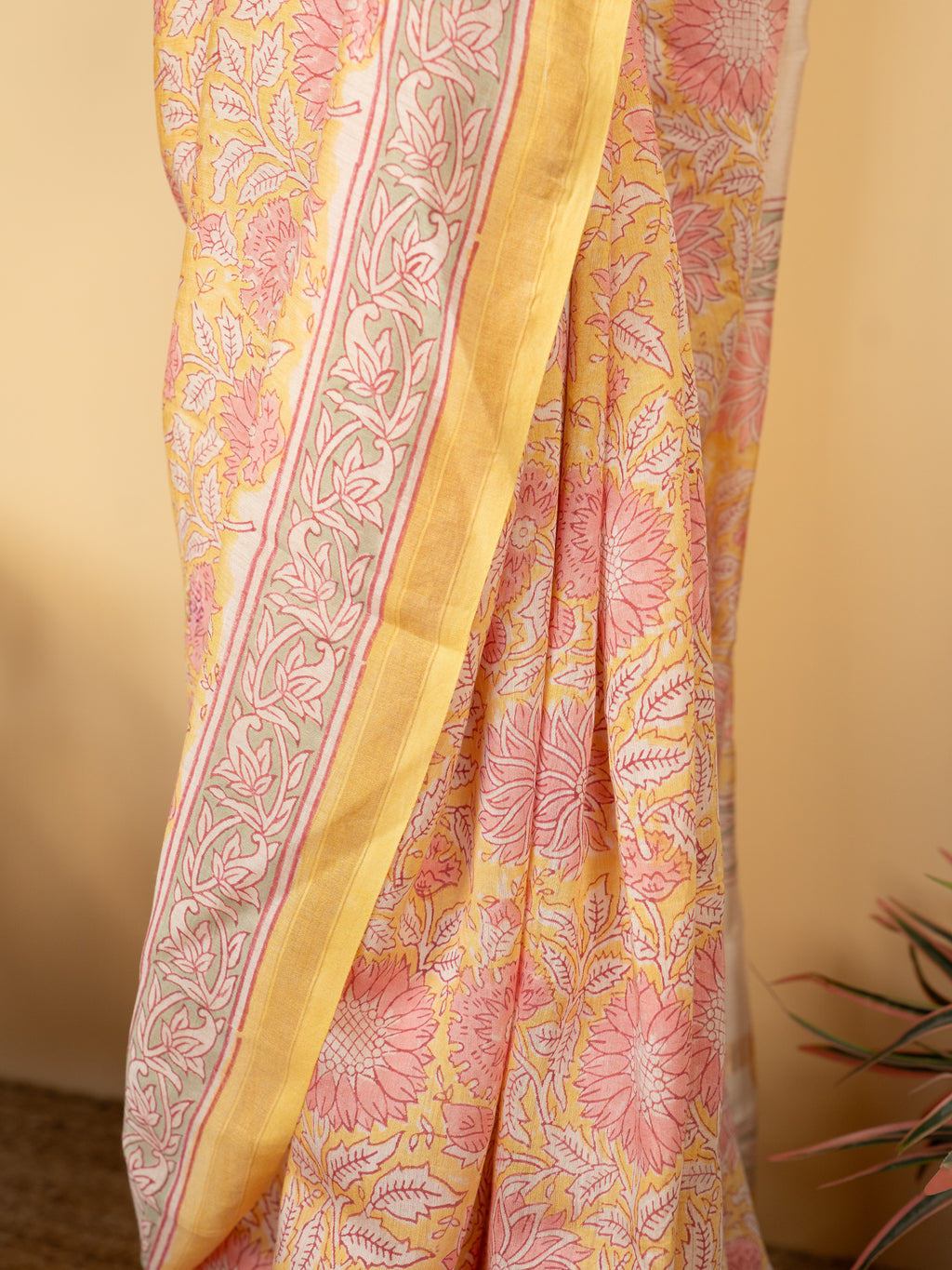 Light Yellow Chanderi Block Print Saree