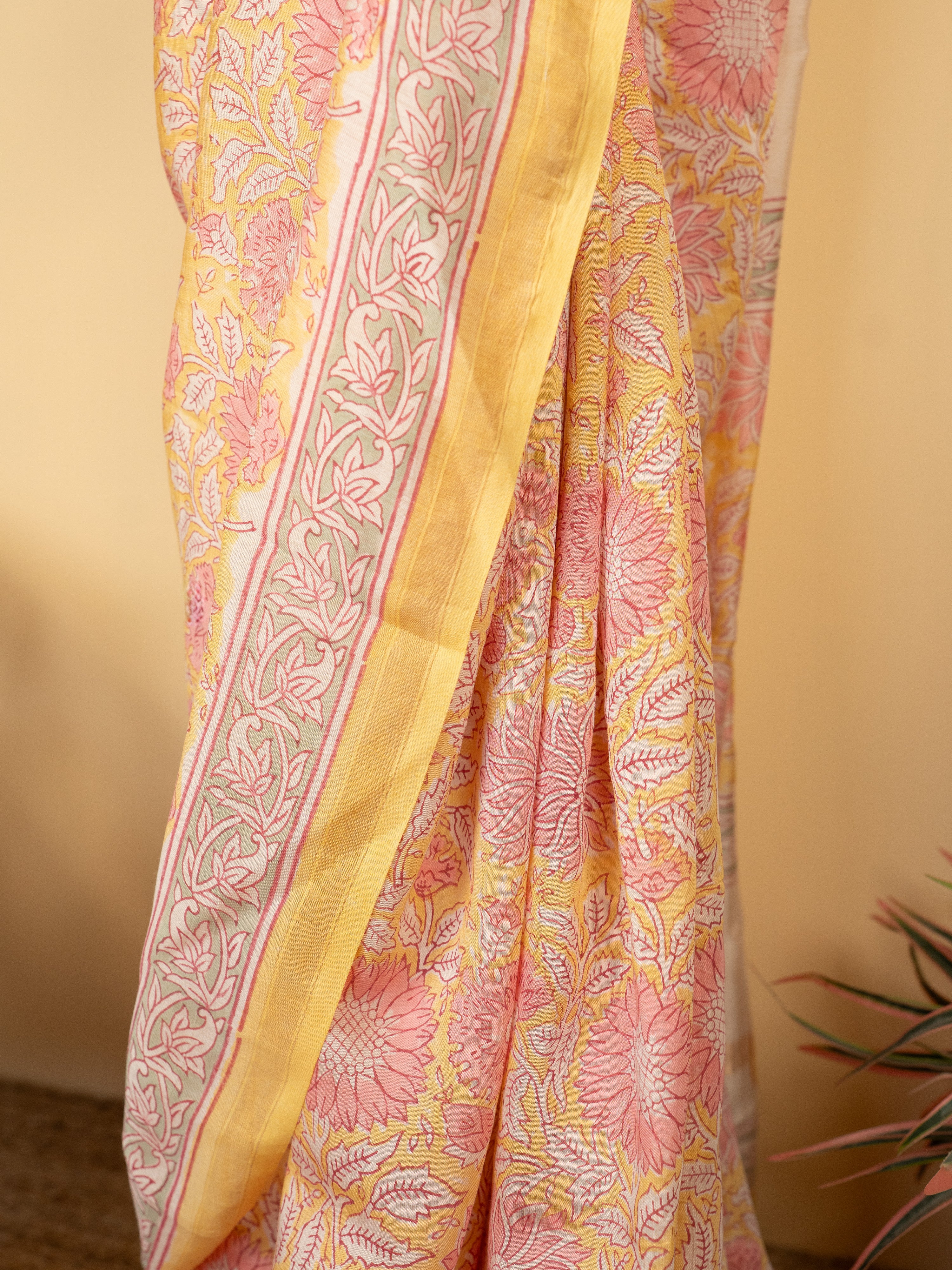 Light Yellow Chanderi Block Print Saree