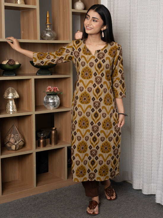 Beige Colour Cotton Round With V-Neck Abstract Print Kurta For Women's