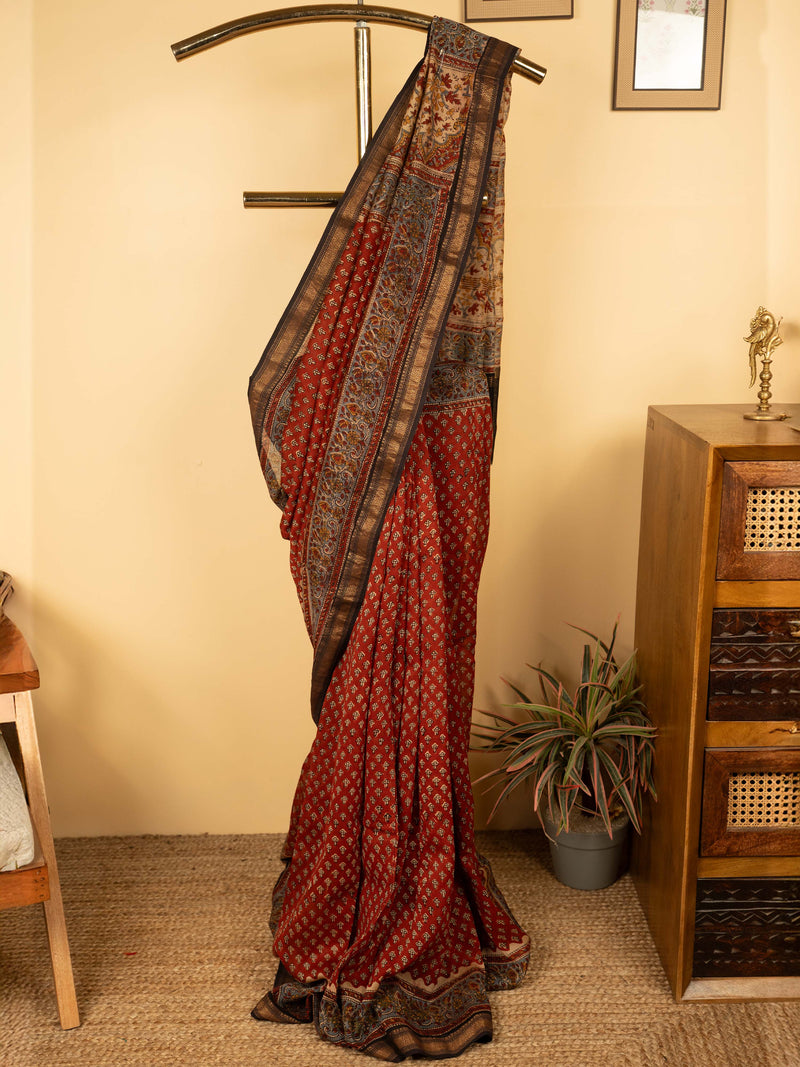 Red Chanderi Block Printed Saree