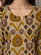 Beige Colour Cotton Round With V-Neck Abstract Print Kurta For Women's