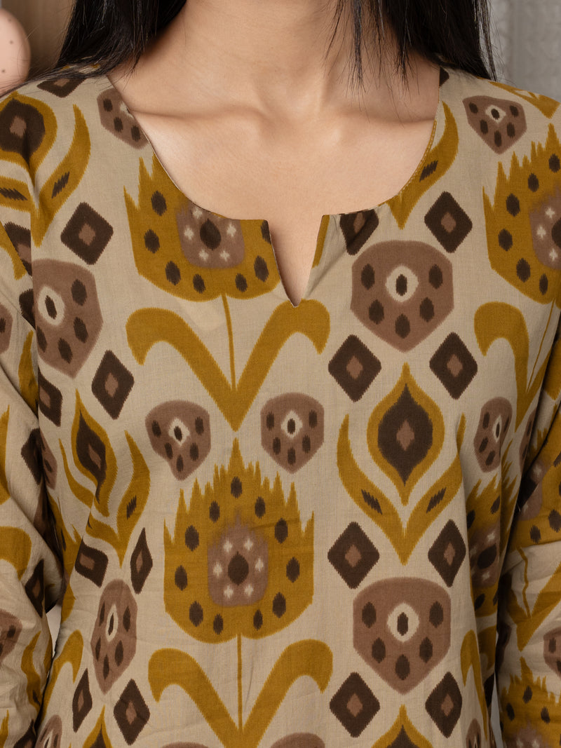 Beige Colour Cotton Round With V-Neck Abstract Print Kurta For Women's