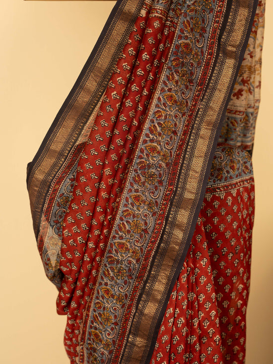 Red Chanderi Block Printed Saree