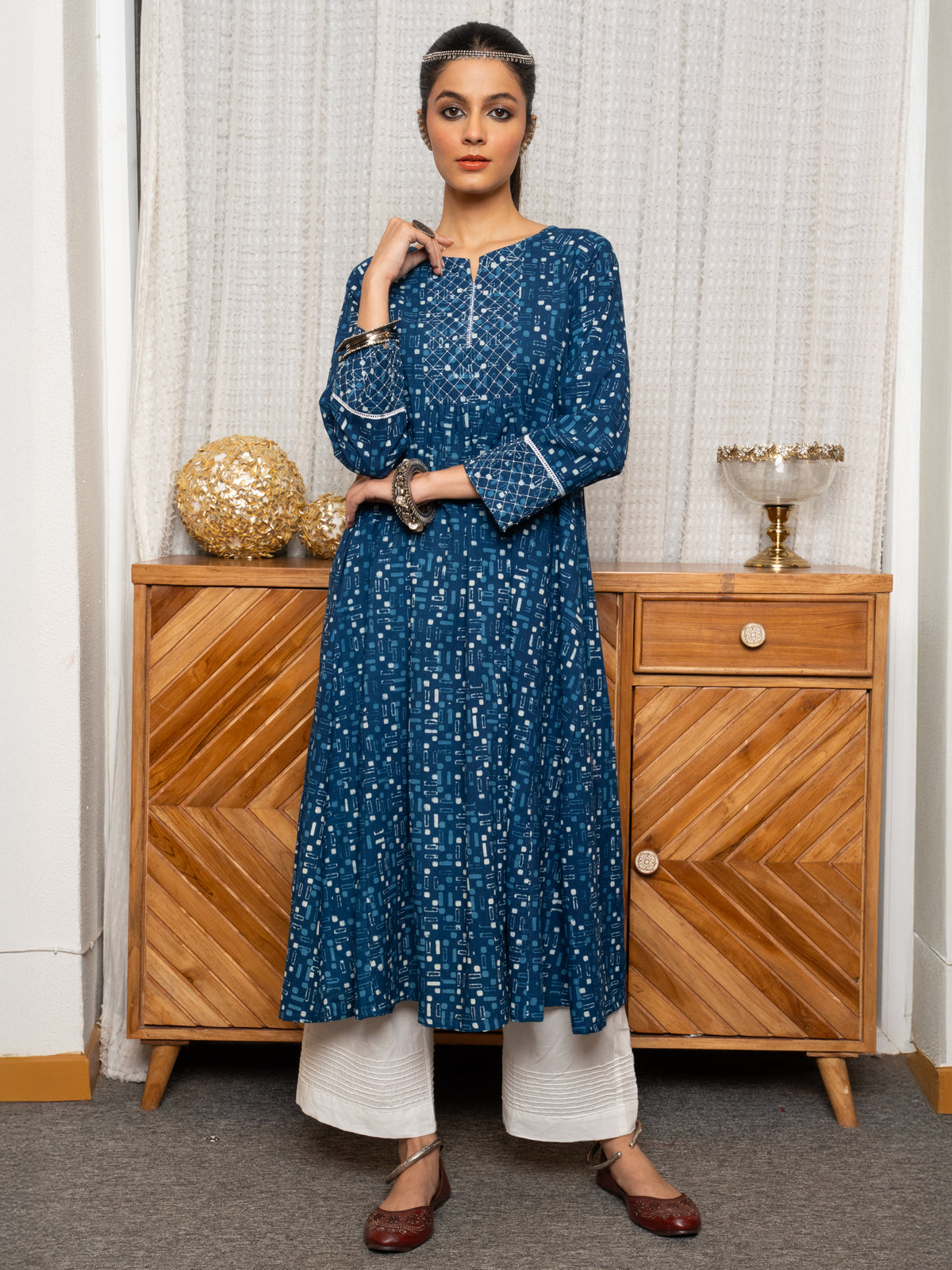 Indigo Cotton Round Neck Kurta For Women's