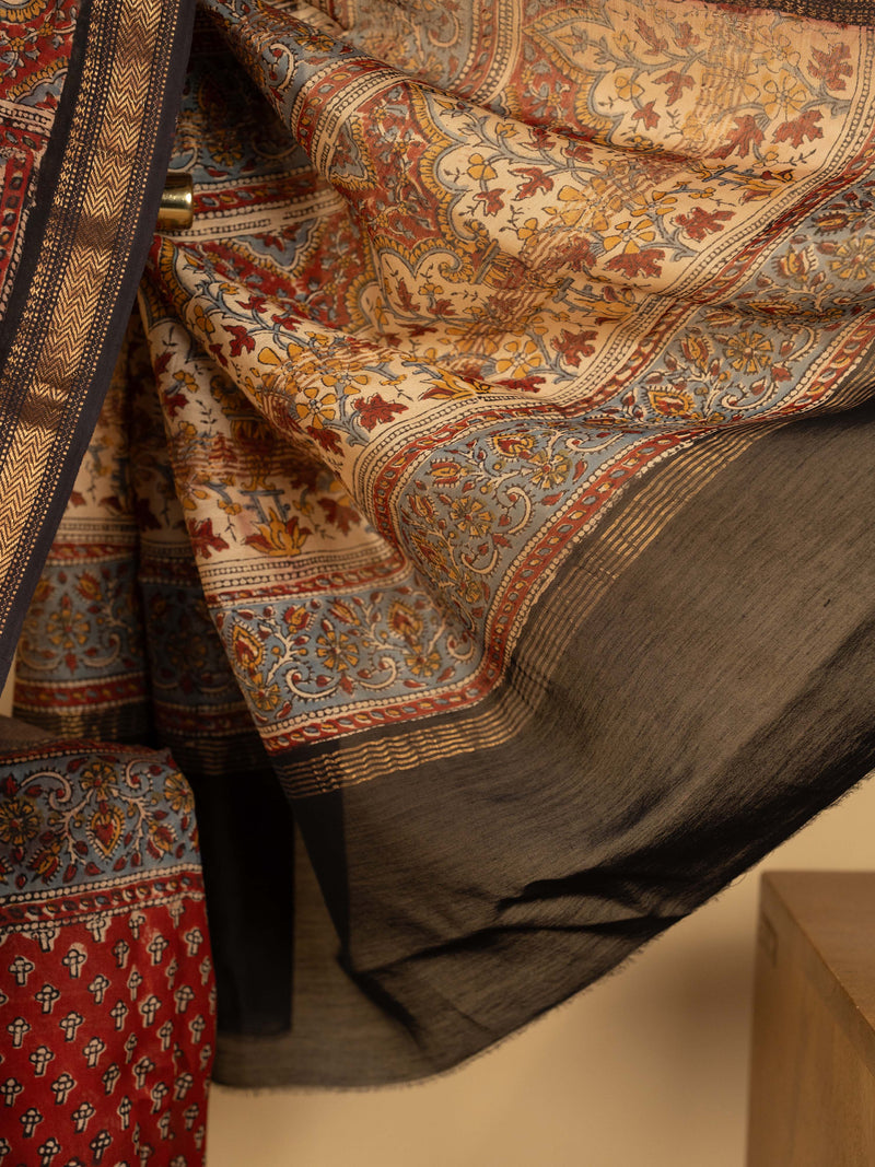 Red Chanderi Block Printed Saree