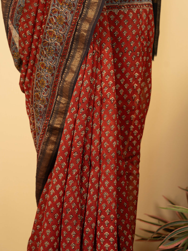 Red Chanderi Block Printed Saree