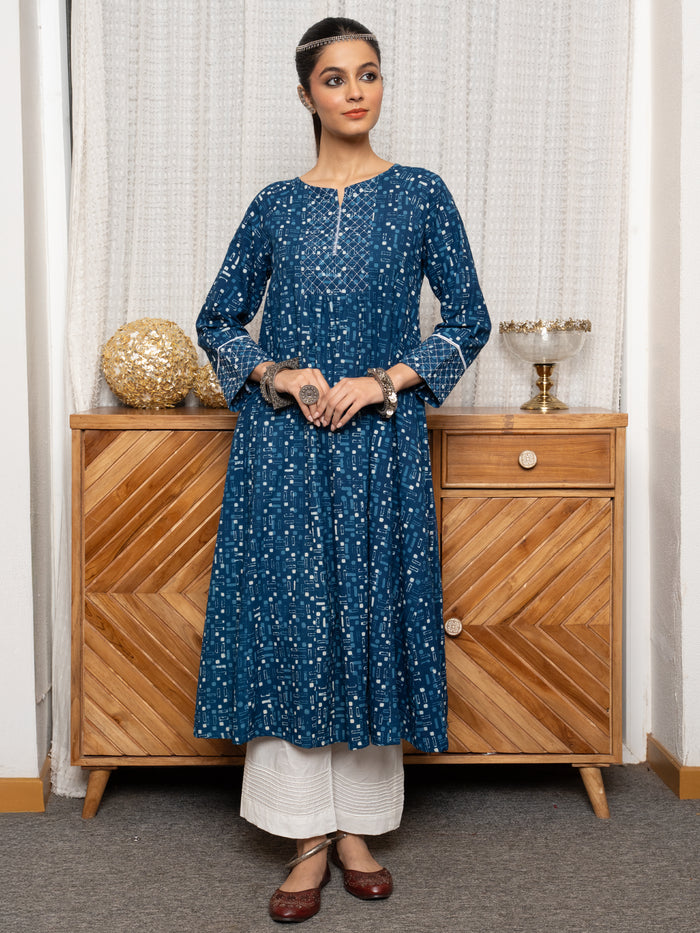 Indigo Cotton Round Neck Kurta For Women's