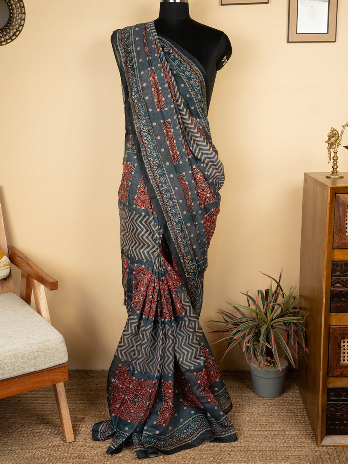 Dark Gray Chanderi Hand Kantha Saree
