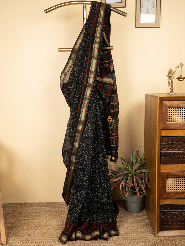 Black Chanderi Hand Kantha Saree