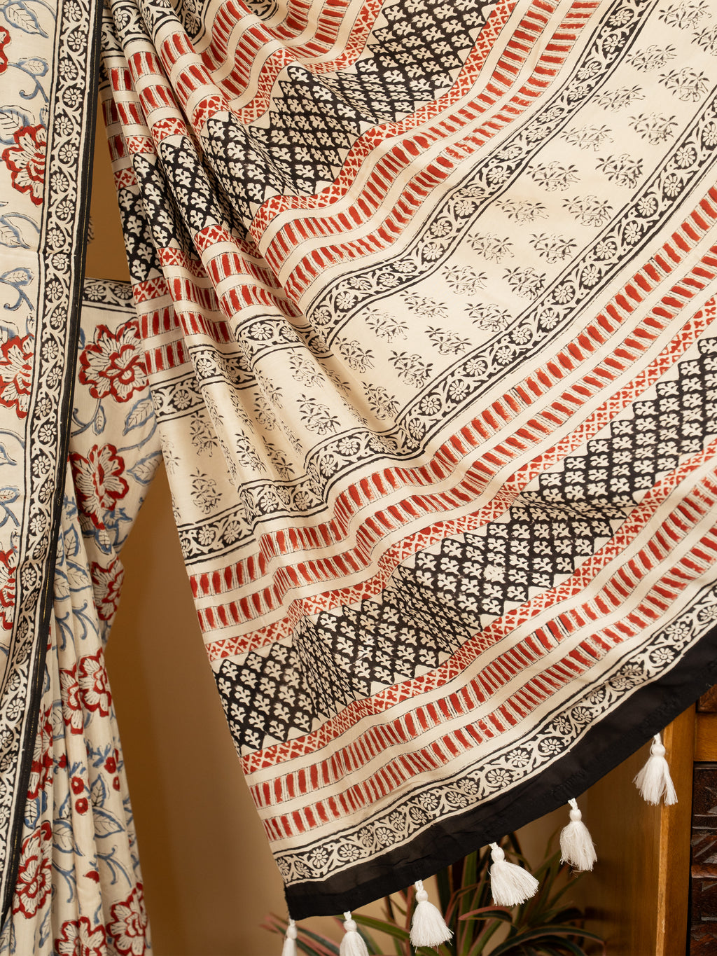 Beige Cotton Modal Block Print Saree