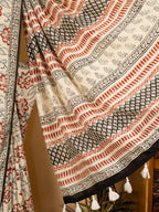 Beige Cotton Modal Block Print Saree