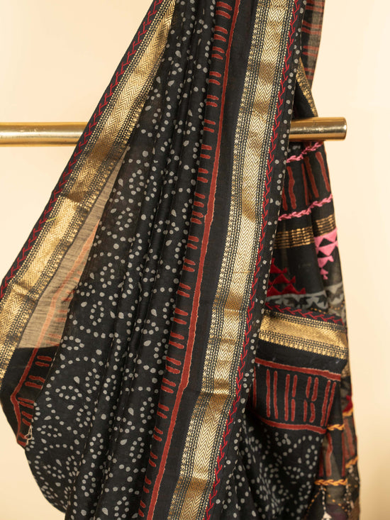 Black Chanderi Hand Kantha Saree