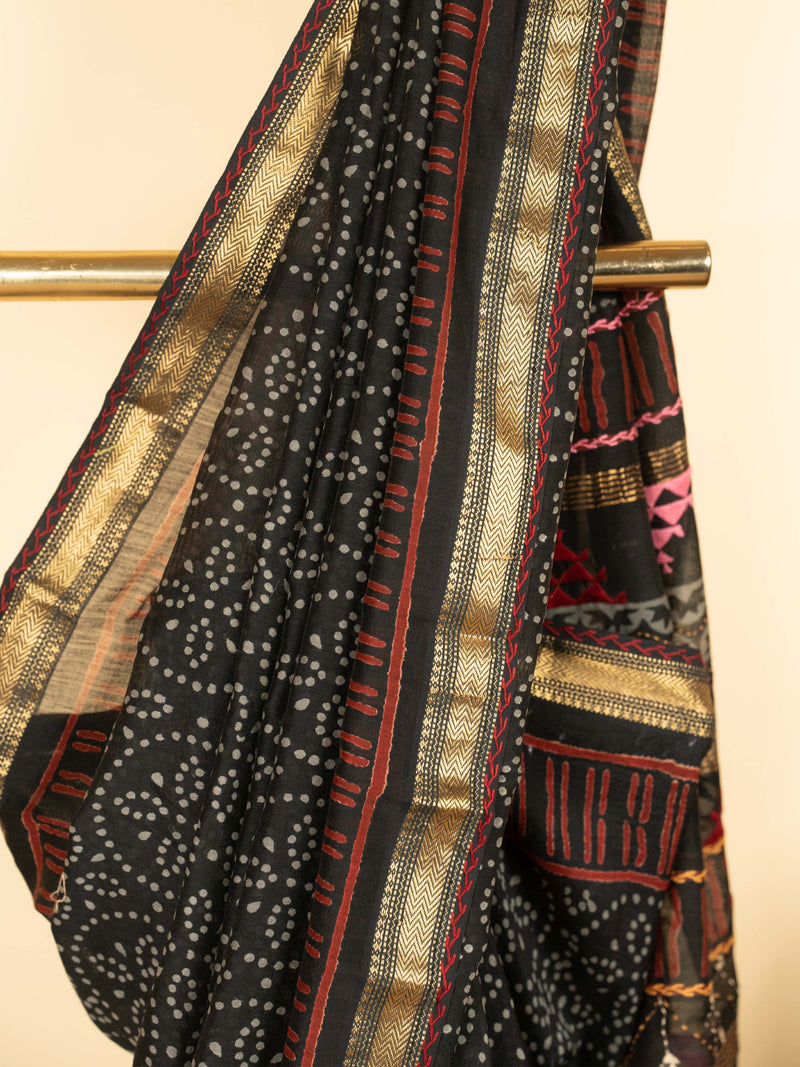 Black Chanderi Hand Kantha Saree