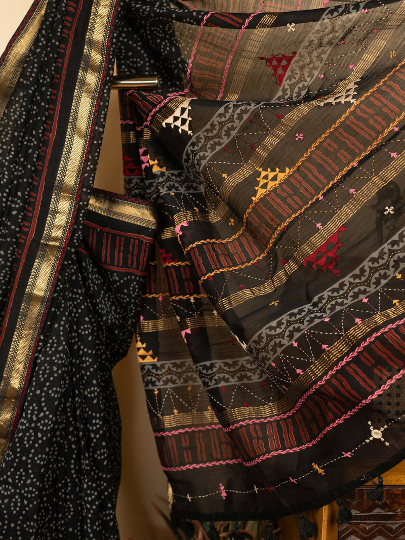 Black Chanderi Hand Kantha Saree