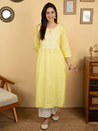 Yellow Colour Premium Cotton Round With V Neck Hand Embroidered Chikankari Kurta
