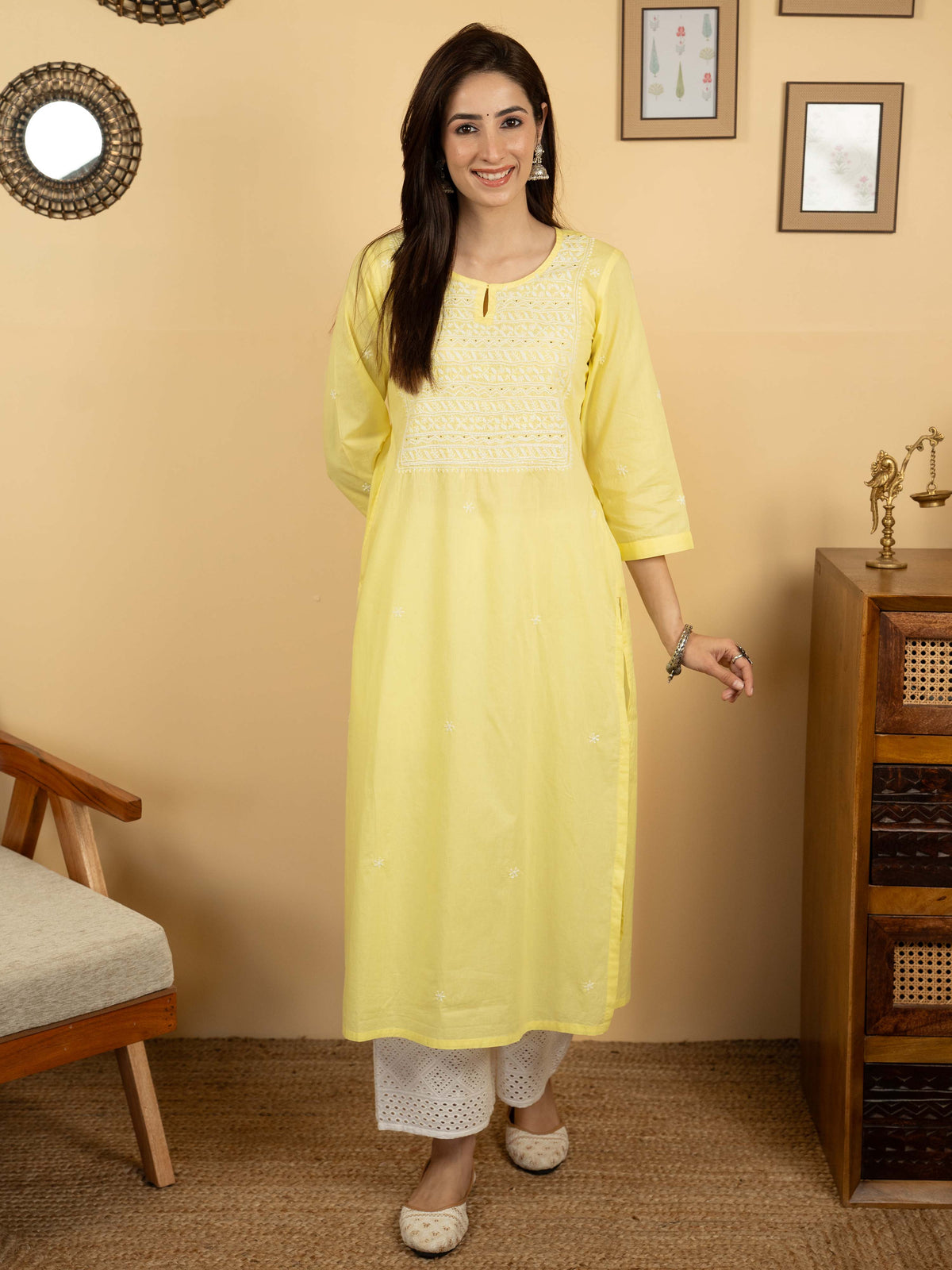 Yellow Colour Premium Cotton Round With V Neck Hand Embroidered Chikankari Kurta