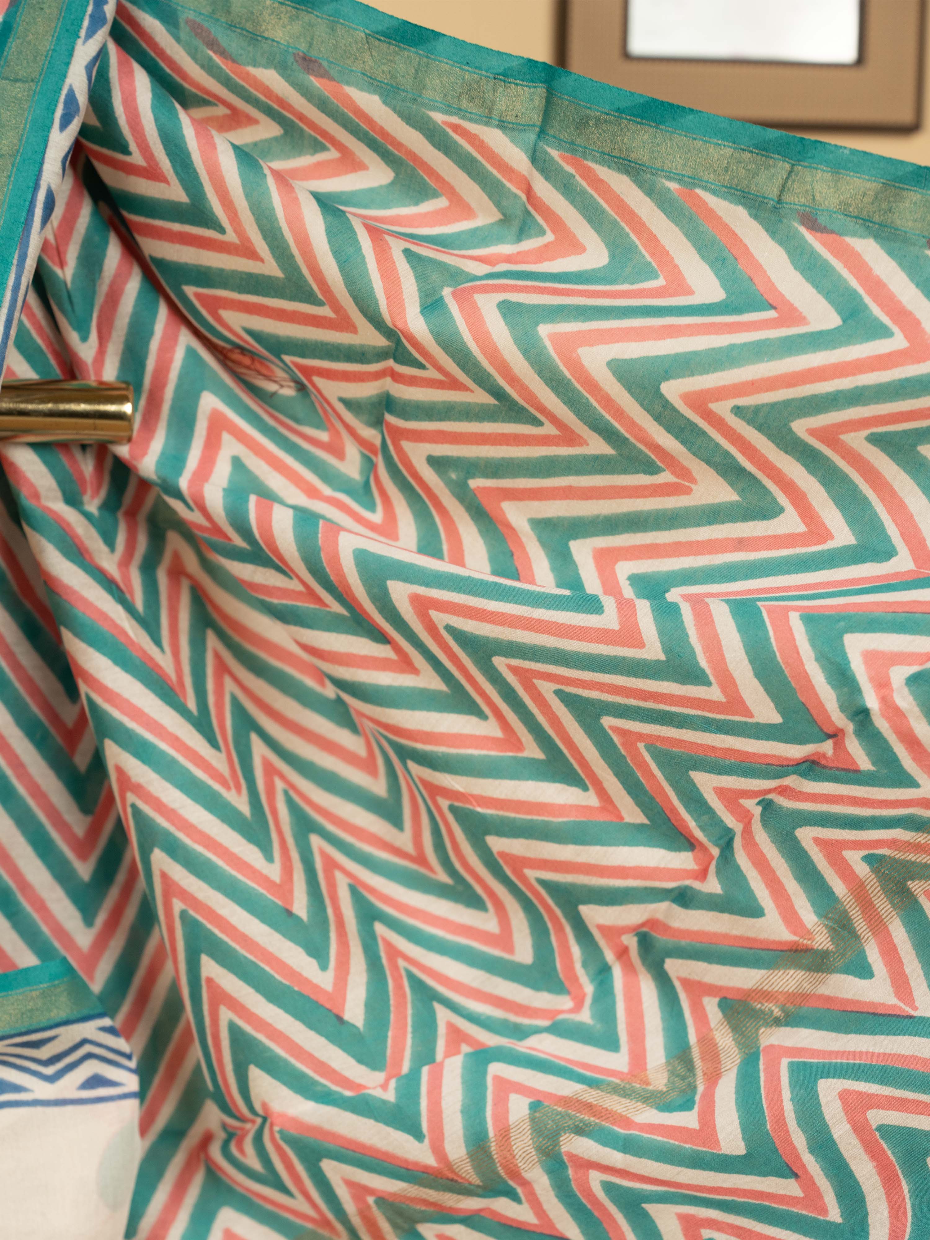 Cream  Chanderi Block Printed Saree