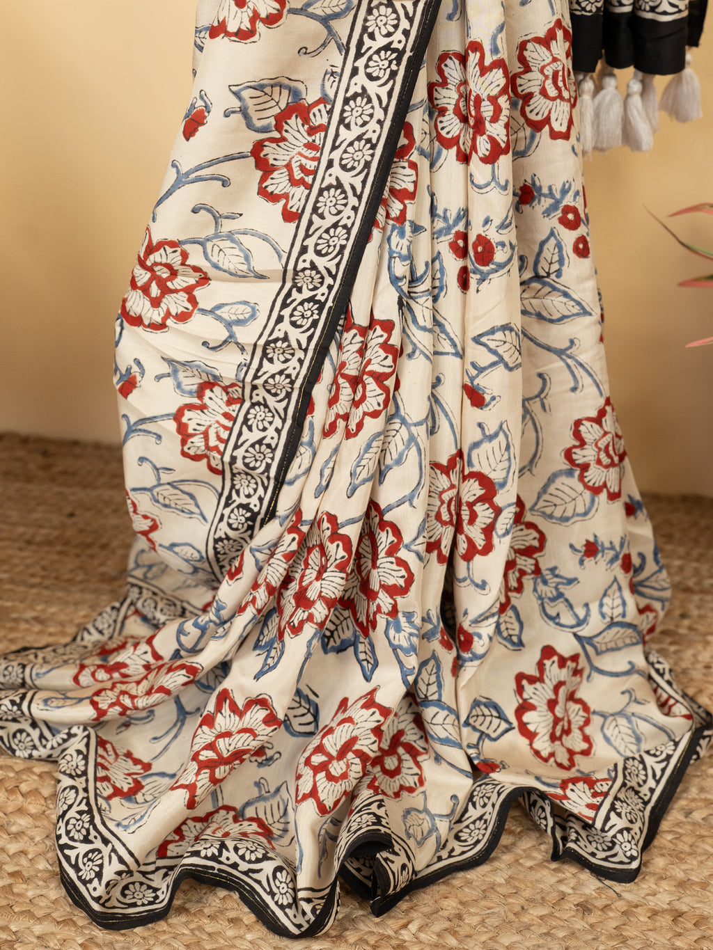 Beige Cotton Modal Block Print Saree
