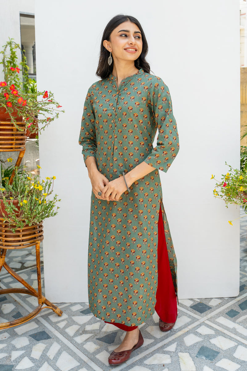 Green Printed Cotton Kurta For Women's