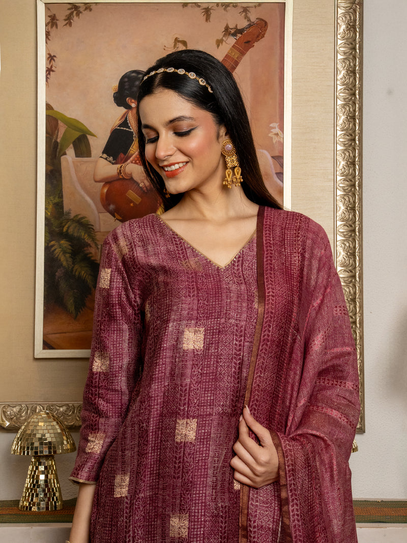 Wine Rose Tussar Silk Handblock Print V- Neck Complete Suit Set For Women's