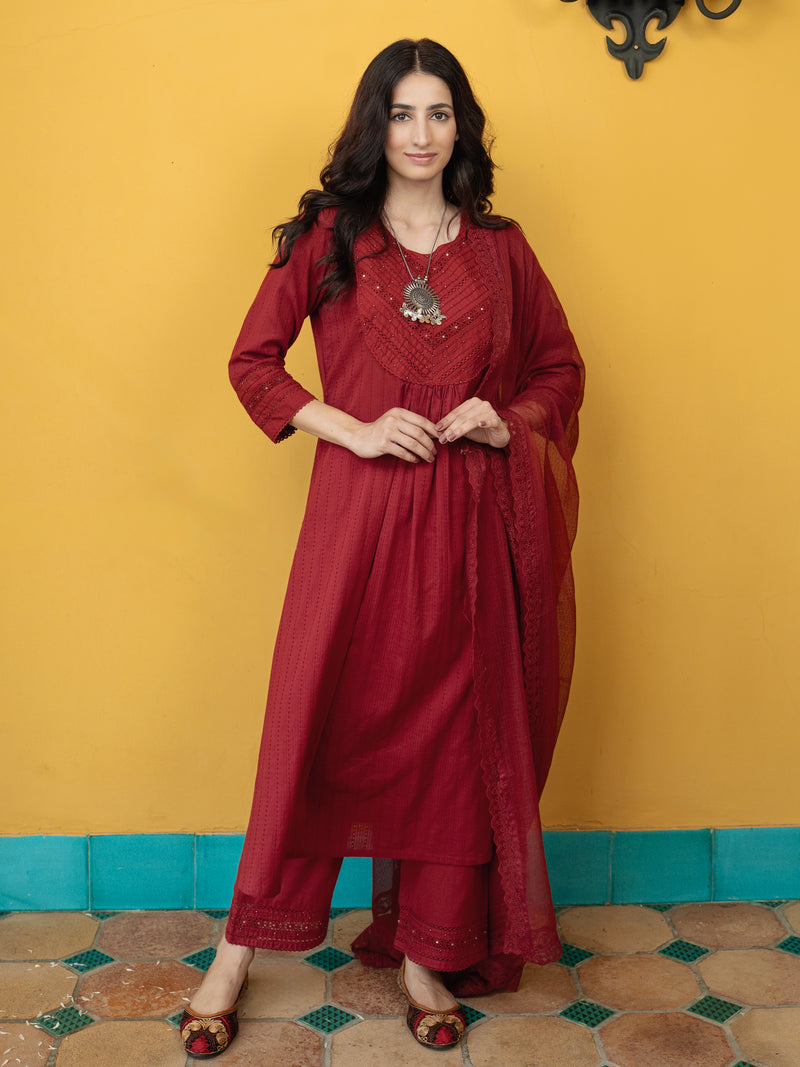 Maroon Cotton Dobby Complete Suit Set For Women's