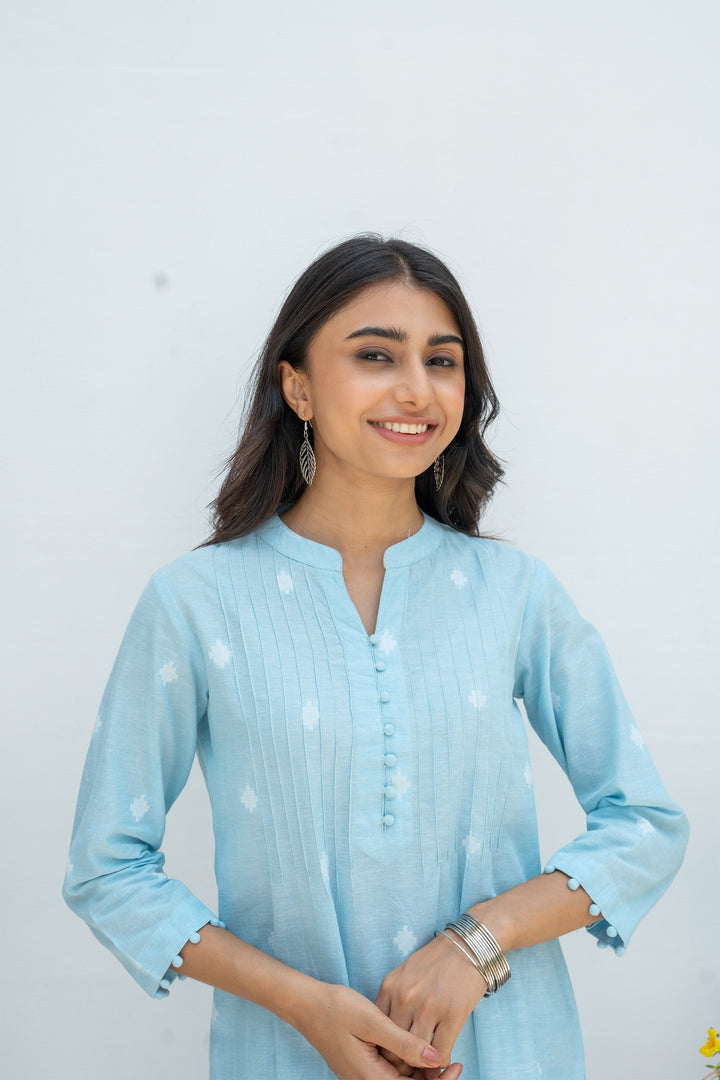 Skyblue Handloom Cotton Short Kurti For Women's