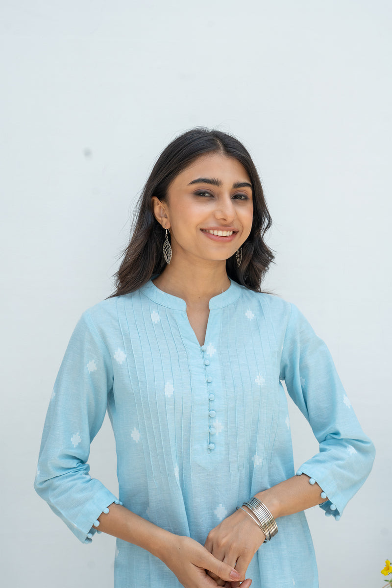 Skyblue Handloom Cotton Short Kurti For Women's