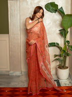 Coral Pink Kota Doria Saree