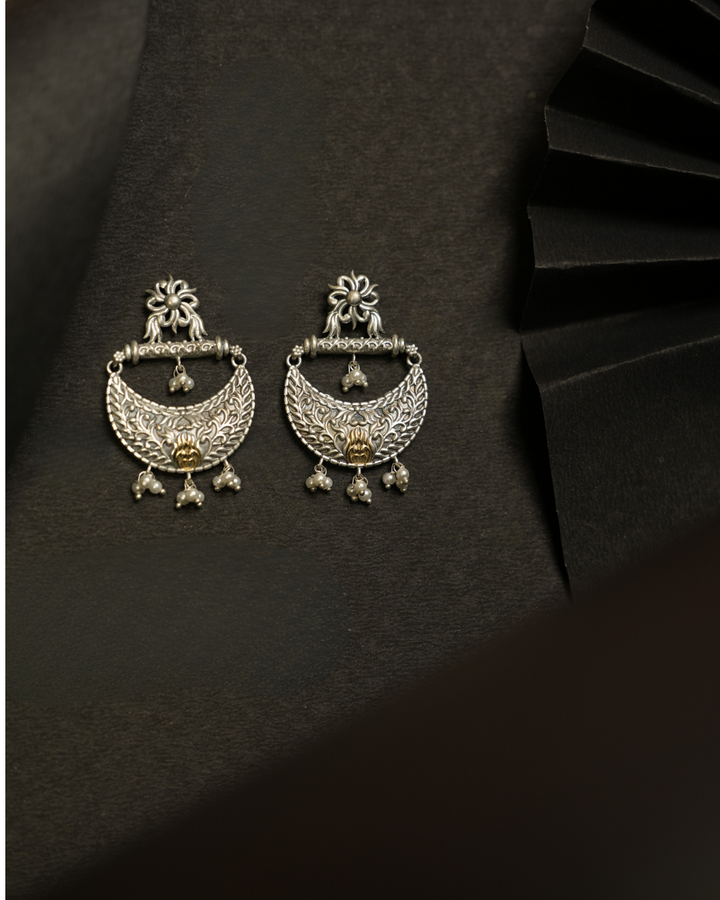Floral Crescent Silver Earrings