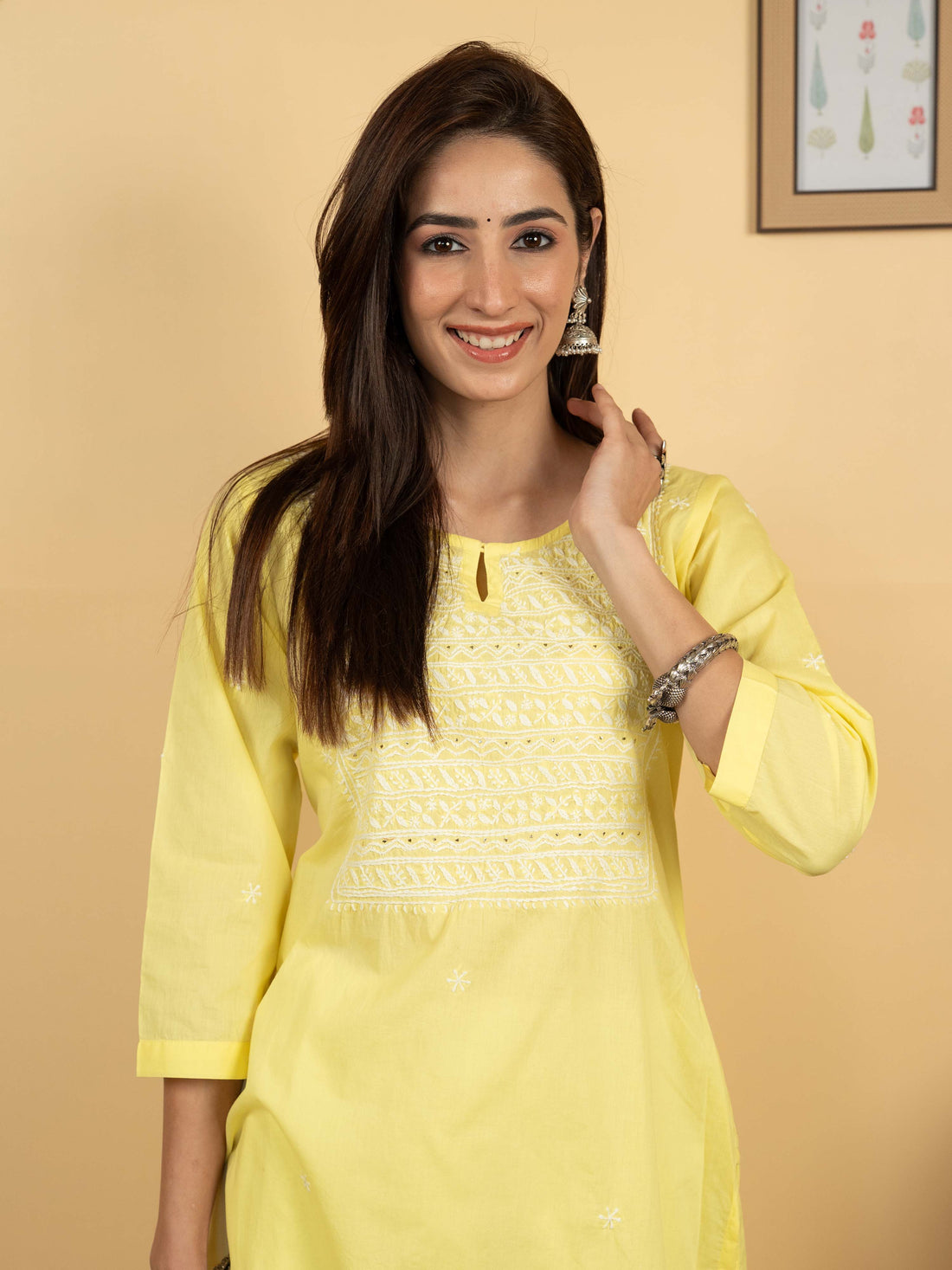 Yellow Colour Premium Cotton Round With V Neck Hand Embroidered Chikankari Kurta