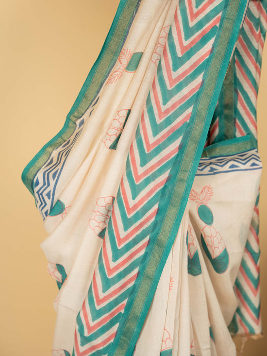 Cream Chanderi Block Printed Saree
