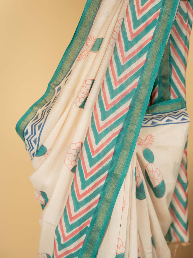 Cream Chanderi Block Printed Saree
