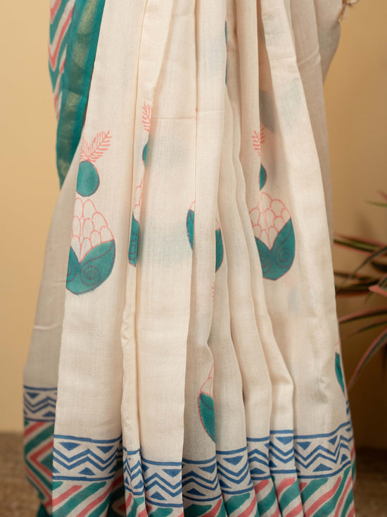 Cream Chanderi Block Printed Saree