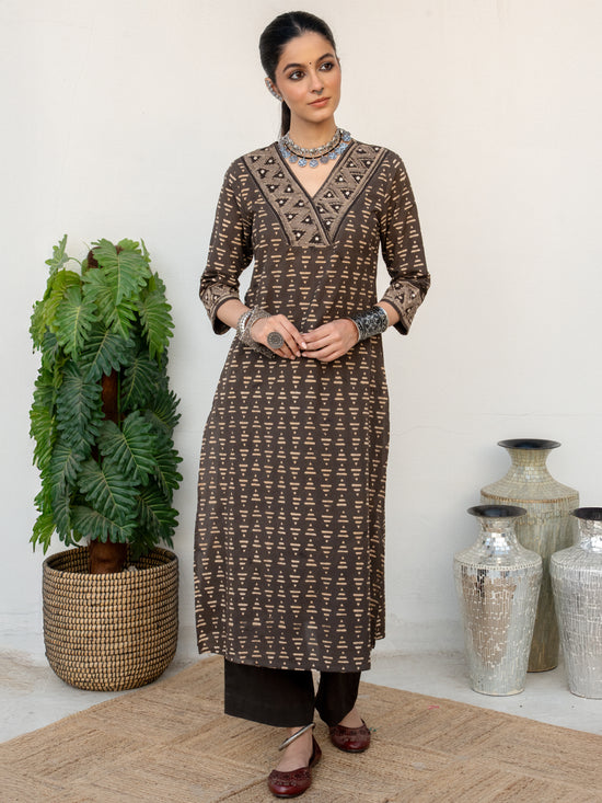 Dark Gray Colour Cotton Daabu Print,Kantha And Mirror Work Kurta For Women's
