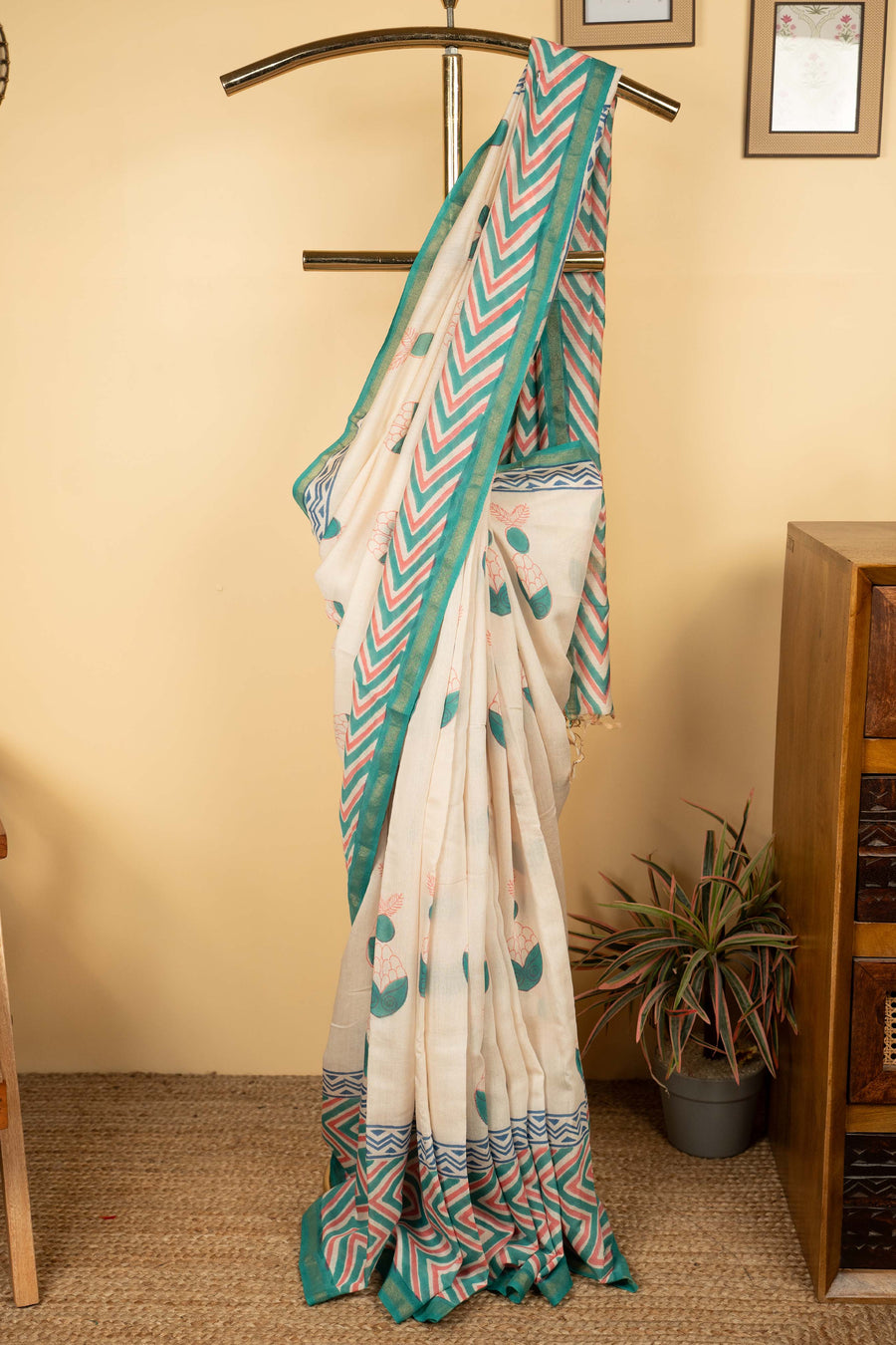 Cream  Chanderi Block Printed Saree