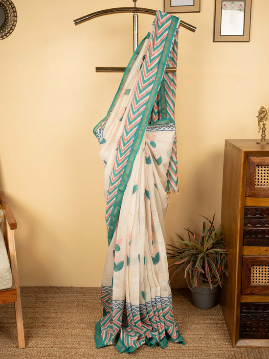 Cream Chanderi Block Printed Saree