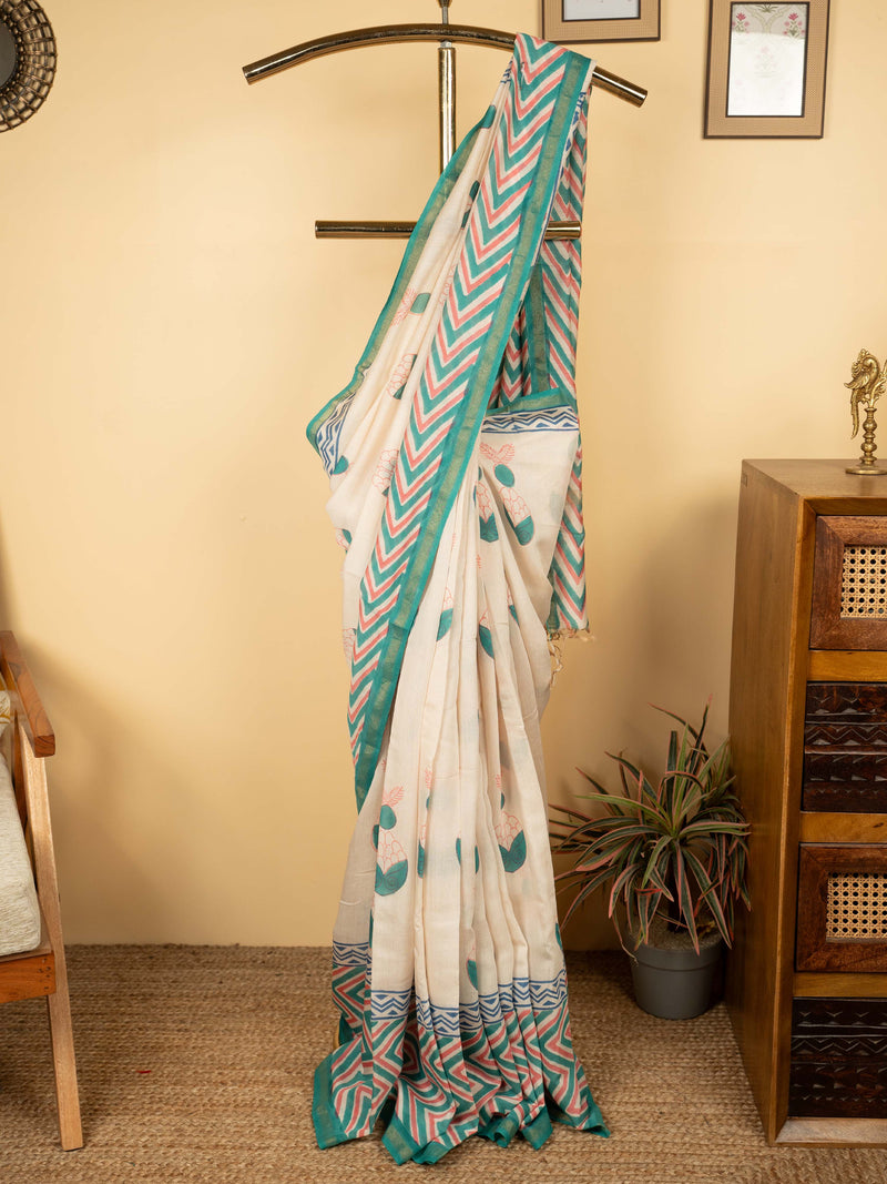 Cream Chanderi Block Printed Saree