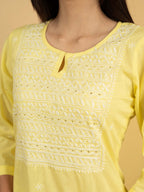 Yellow Colour Premium Cotton Round With V Neck Hand Embroidered Chikankari Kurta