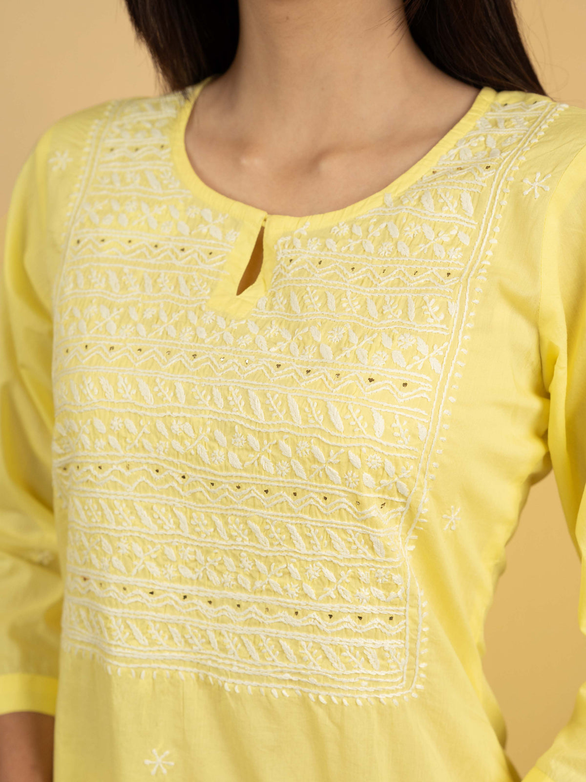 Yellow Colour Premium Cotton Round With V Neck Hand Embroidered Chikankari Kurta