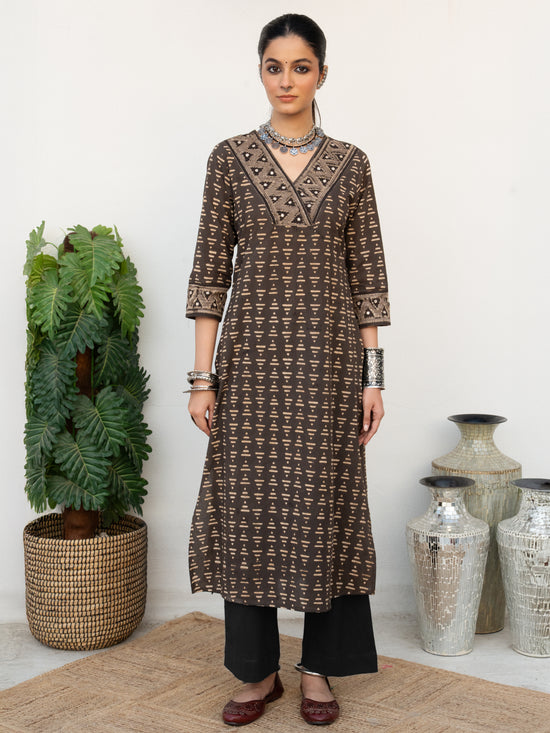 Dark Gray Colour Cotton Daabu Print,Kantha And Mirror Work Kurta For Women's