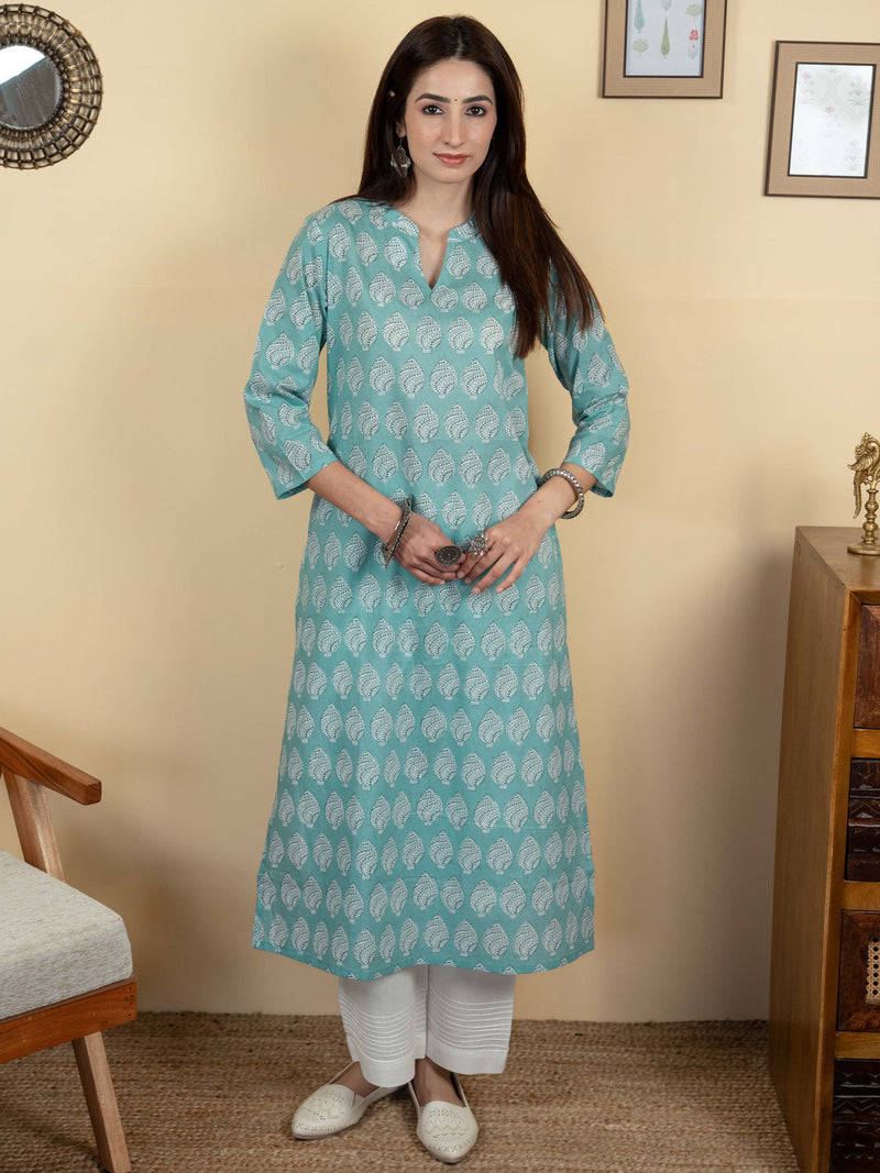Blue Colour Cotton Round With V Neck Screen Booti Print Kurta