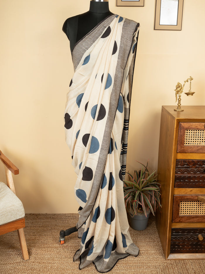 White Cotton Modal Block Print Saree