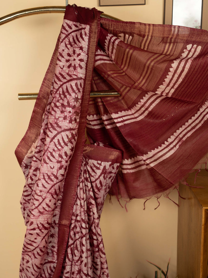 Pink Chanderi Block Printed Saree