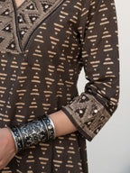 Dark Gray Colour Cotton Daabu Print,Kantha And Mirror Work Kurta For Women's